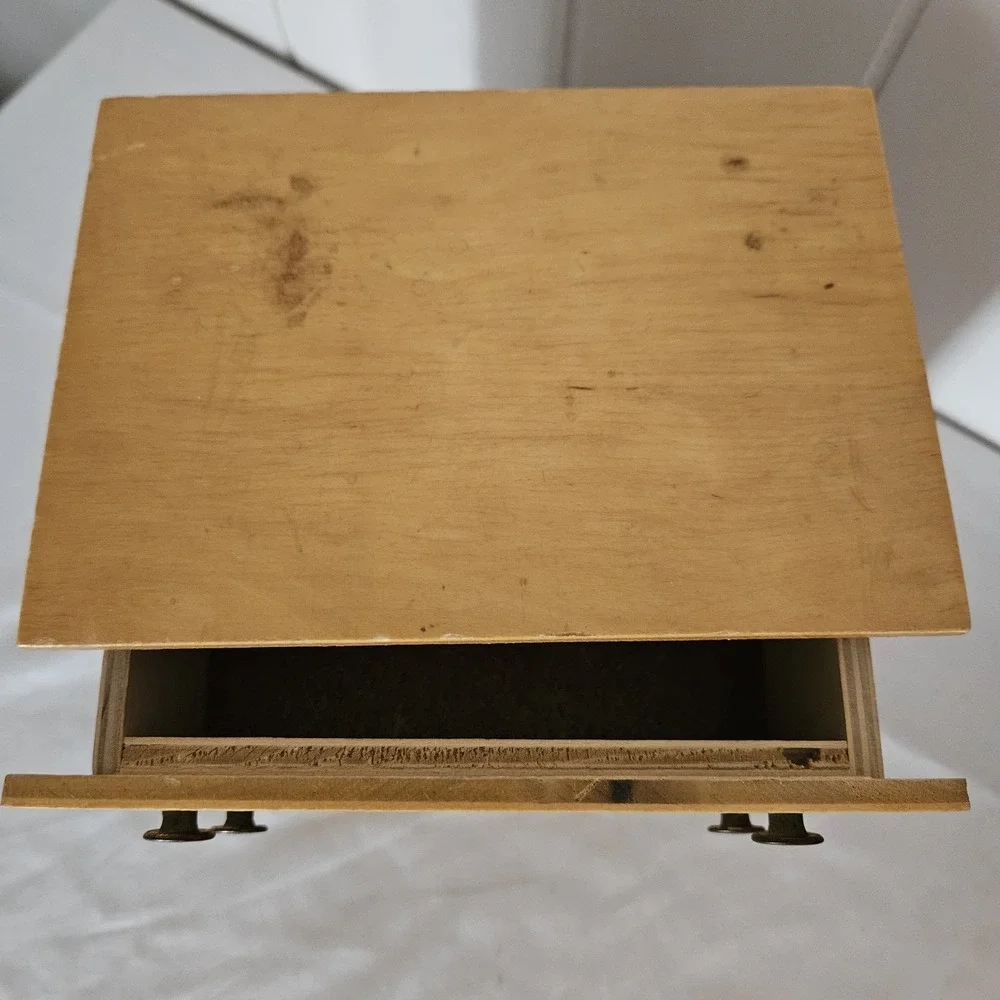 Vintage Mini Dresser Chest Drawers Jewelry Box Maple Brass Doll Furniture